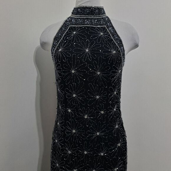 Vintage Adrianna Papell Silk Floral Beaded Y2K Romantic Goth Maxi Dress Black - Picture 11 of 17